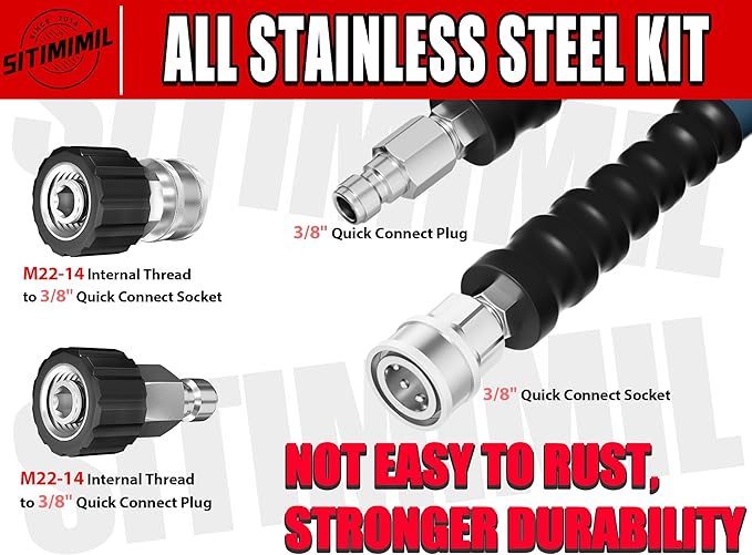 3/8'' Pressure Washer Hose 100FT - Kink Resistant Steel Wire Braided, Wear Resistant, 3/8" Stainless Steel Quick Connect, with M22 14mm Adapter Set, Hot and Cold Water Power Washer Hose, 4200 PSI