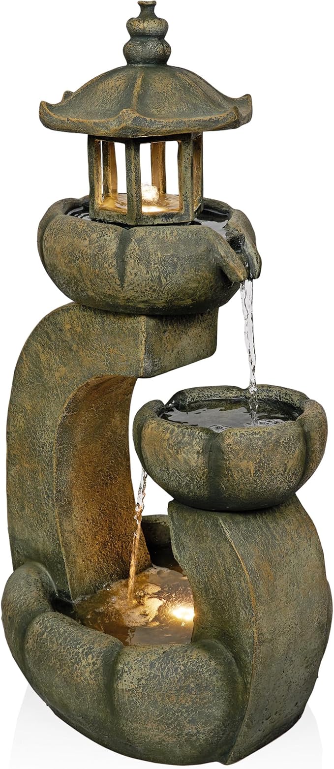Alpine Corporation WIN1688 32" 2-Layer Pagoda Polystone Fountain with LED Lights, Cascading Waterfall, Outdoor Garden and Patio Water Feature, Zen Décor, Relaxing Sound, Brown