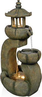 Alpine Corporation WIN1688 32" 2-Layer Pagoda Polystone Fountain with LED Lights, Cascading Waterfall, Outdoor Garden and Patio Water Feature, Zen Décor, Relaxing Sound, Brown