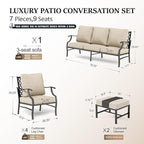 HERA'S HOUSE 7 Piece Patio Furniture Set, 4 x Fixed Metal Cushioned Chair, 2 x Cushioned Ottoman, 1 x 3-Seat Sofa, Outdoor Conversation Set for Lawn Garden Backyard Poolside