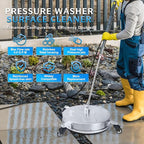 RAYNEL 18'' Pressure Washer Surface Cleaner with 4 Wheels, Stainless Steel Housing, 1/4" Quick Plug, 2 Extended Wands, 2 Replacement Nozzles and 5 Spray Nozzles