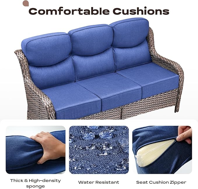Rilyson Wicker Outdoor Patio Furniture Set - 8 Piece Patio Conversation Sets with Swivel Rocker Chairs, Ottomans, Sofa and Table, 6 inch Cushions, Deep Seating, for Porch Deck Brown/Blue