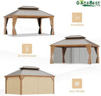 12' X 16' Hardtop Gazebo, Outdoor Aluminum Patio Gazebo Double Roof Galvanized Steel Wooden Finish Coated Canopy with Netting and Curtains for Garden, Patio, Backyard, Deck and Lawns.