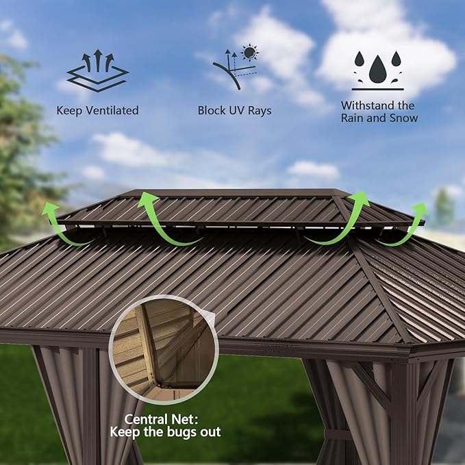 Domi 12x18FT Outdoor Gazebo, Hardtop Gazebo with Galvanized Steel Double Roof, Metal Gazebos with Drainage System Patio Pergola for Patio Deck Backyard,Curtain and Netting,Brown