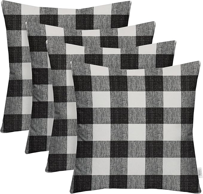 RSH DECOR: Square Throw Pillows Set of 4 | 24” x 24” | All-Weather Spun Fabric | Water and Fade-Resistant | Outdoor Accent Pillows for Patio Furniture | Black Buffalo Plaid