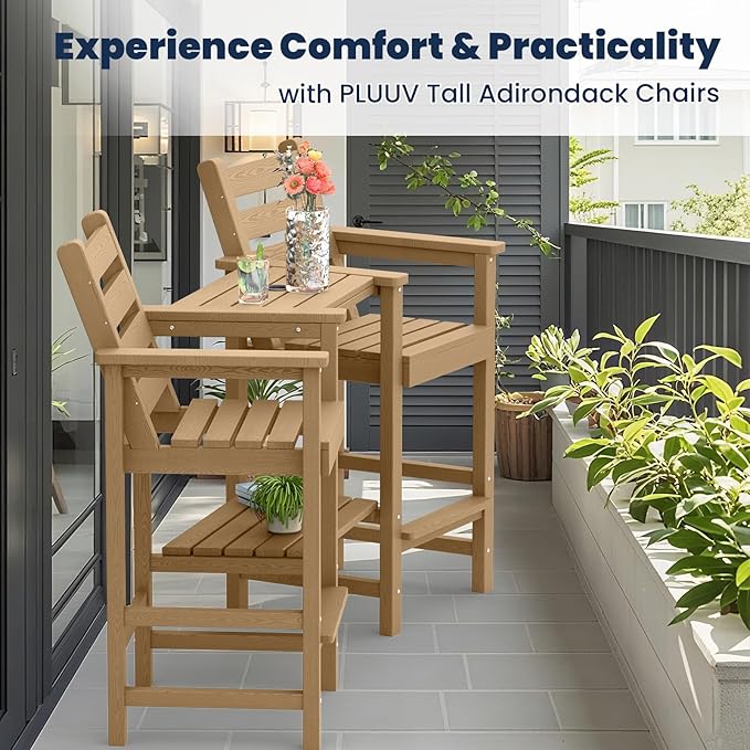 Tall Adirondack Chairs Set of 2, All Weather HDPE Poly Bar Height Balcony Adirondack Chair with Removable Double Connecting Trays, Outdoor Adirondack Barstools for Deck, Patio, Yard, Pool, Lawn