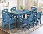 SERWALL Patio Dining Set for 6, Outdoor Dining Sets for 6 Person with 1 Umbrella Hole Cut-Out Rectangular Table and 6 Chairs, HDPE Dining Sets for Garden, Backyard, Poolside, Blue