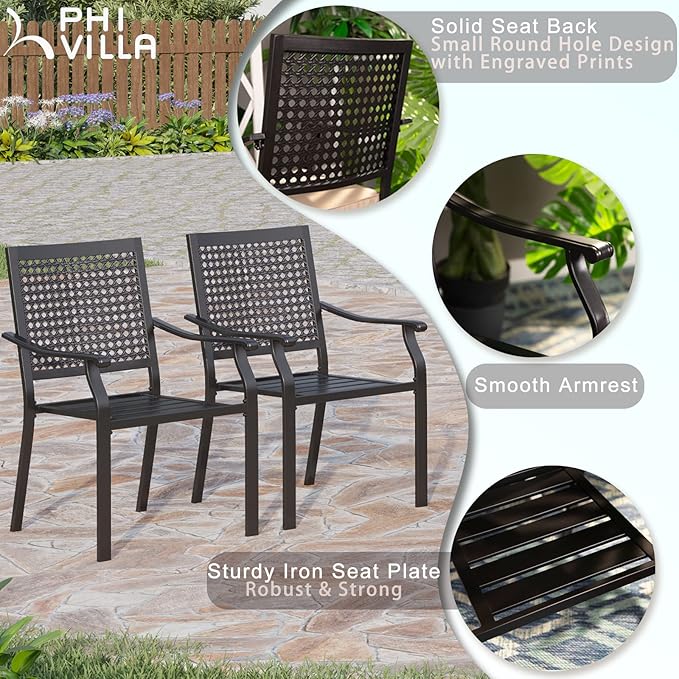 PHI VILLA 7 Pieces Patio Dining Set for 6 with 13ft Large Patio Umbrella, Metal Outdoor Stackable Wrought Iron Chair Set of 6 & 60"X38" Metal Dining Table,Market Table Beige Umbrella