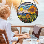 Stained Glass Suncatcher, Sunflower Flowers Landscape Sun Catcher Plant Mountains Stain Glass Window Hanging Decoration Mother's Day Birthday Gifts for Women Men Mom Nana 11.8 in