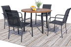 5 Pieces Round Dining Table Set for 4, Patio Dining Set Includes 4 Black Stackable Patio Chairs and 1 Walnut Round Table, Patio Furniture Sets with Sling Support for Outside, Garden