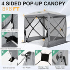 COBIZI 6x6 Pop up Gazebo Tent, Ez up Waterproof Screen Tent Screen House, Portable Outdoor Canopy Sun Shelter with Carry Bag & Ground Stakes for Camping, Garden and Picnics, Gray(Upgraded 2.0)