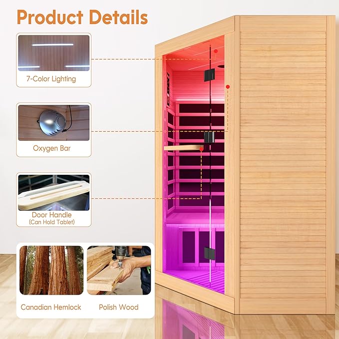 Sauna Infrared Far Infrared Sauna for Home Sauna 2-3 person 2180W with Hemlock Wood Low EMF Dry Sauna for Home Infrared Sauna 2 Person Indoor Sauna for Two Person in Home Sauna with Bluetooth Speakers