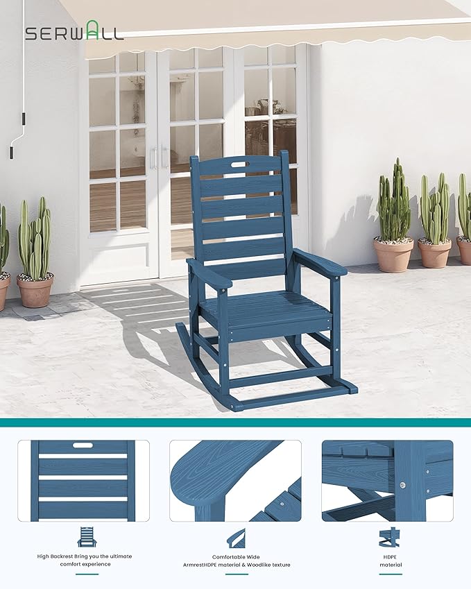 SERWALL Outdoor Rocking Chair Set of 4, Oversized HDPE Patio Rocking Chair with Footrest for Adults, All Weather Porch Rocker for Deck Patio Balcony, Navy