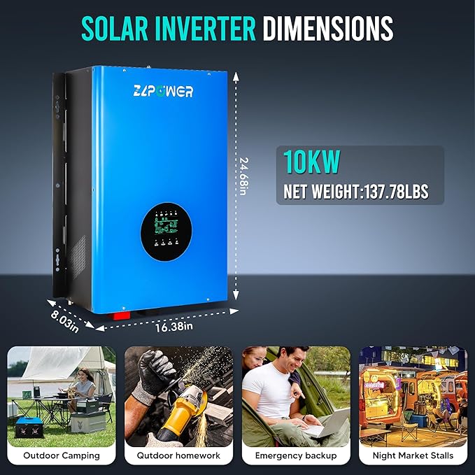 ZLPOWER 10000W 48V Off-Grid Inverter Charger, Peak Power 30000W for 20s, 240V AC Input, 120/240V Split Phase Output, Pure Sine Wave, UL1741 Certified, Built-in 2 MPPT Low Frequency for Solar System