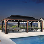 PURPLE LEAF 12' X 24' Outdoor Hardtop Gazebo for Patio Galvanized Steel Double Roof Permanent Canopy Teak Finish Coated Aluminum Frame Pavilion Gazebo with Netting and String Lights
