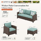 Patio Furniture Set, 7 Pcs Wicker Rattan Outdoor Conversation Set, 4 x Leg Chairs, 1 x 3 Seater Sofa and 2 x Ottoman with 4" Thick Cushion for Garden Backyard Deck, Blue