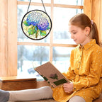 kdqua Hydrangea Flower Suncatcher Stained Glass Window Hanging, Blue Hydrangea Sun Catchers Indoor Window Glass Round Wall Decor, Floral Wall Art Hanging Decorations Statues, 7.9x7.9in
