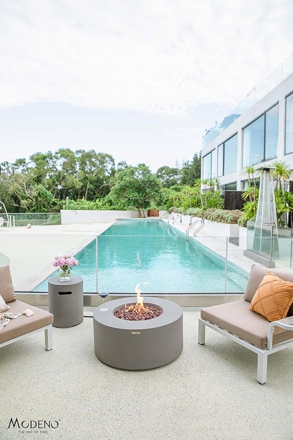 AMS Fireplace | Modeno Tramore Package | Light Gray Natural Gas Fire Pit Table for Outside Patio Bundle with Wind Guard, and SS Burner Lid | Free Ice Bucket & Rubber Mat