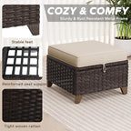 2 Pieces Patio All-Weather Wicker Ottomans with Cushions, PE Rattan Outdoor Conversation Furniture Set for Backyard, Deck, Lawn (Beige)