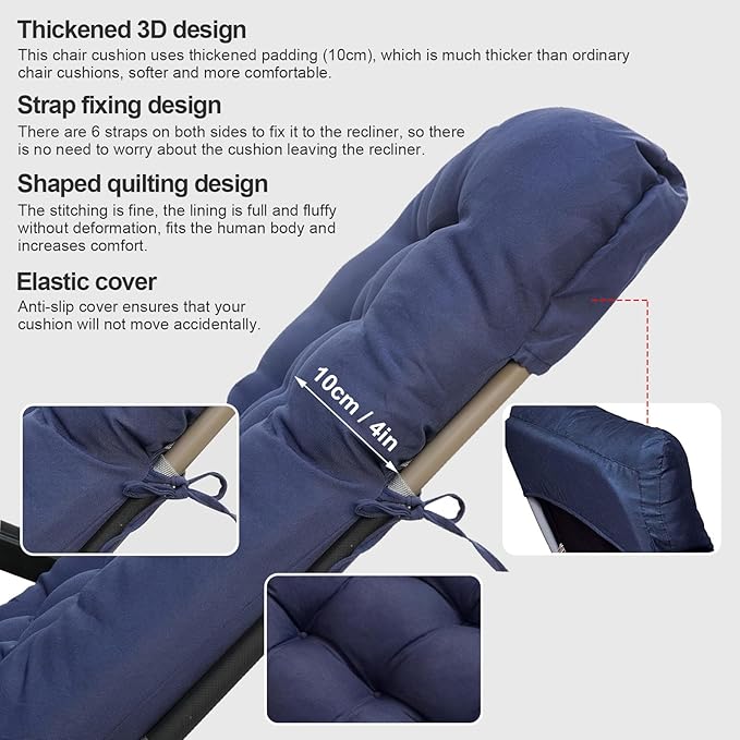 ERWUDEling Extra Wide 67 Inch Sun Lounger Cushion - Thick Blue Patio Chair Pad, Slip Pad w/8 Ties, Zero Gravity Chairs/Outdoor Garden Loungers