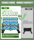 48”L Foldable Wagons Carts Extended, Collapsible Folding Wagon 500lbs Heavy Duty, 320L Large Beach Wagon, Utility Wagon with All Terrain Big Wheels for Sports, Camping, Grocery, Garden, Black