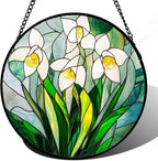 Stained Glass Window Hanging - White Snow Lotus Birth Flower Suncatcher for Doors Garden Patio Sun Catchers Decor Christmas Mother's Day Birthday Gifts for Women Men Mom Nana Friend 11.8 in