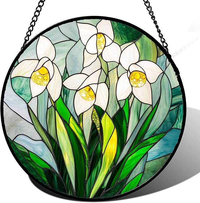 Stained Glass Window Hanging - White Snow Lotus Birth Flower Suncatcher for Doors Garden Patio Sun Catchers Decor Christmas Mother's Day Birthday Gifts for Women Men Mom Nana Friend 7.8 in