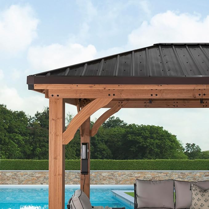 Backyard Discovery Barrington 12' x 12' Cedar Wood Outdoor Gazebo Pavilion with Hardtop Galvanized Steel Hip Roof, Snow Support, Wind Resistance, PowerPort, Shade for Garden, Patio, Deck, Entertaining