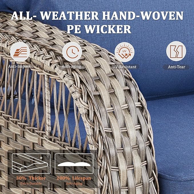Patio Furniture Set, All Weather 3 Pieces Wicker Outdoor Small Sectional Set, 5" Thick Rattan Conversation Set with 3-seat Sofa and Ottoman for Lawn, Garden, Blue/Gray Wicker