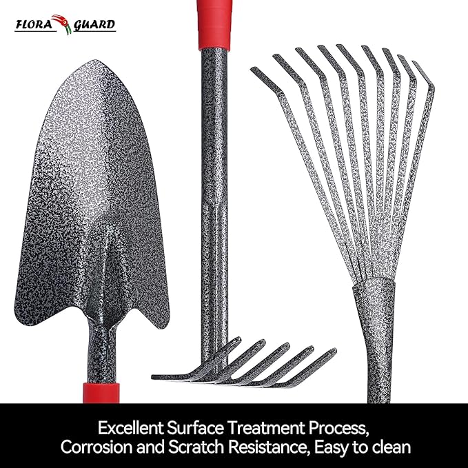 FLORA GUARD Garden Tool Set, 6-Piece Heavy Duty Gardening Hand Tools with Soft Rubber Handle, Includes Trowel, Rake, 2-in-1 Hoe & Crack Weeder, Durable Yard Tools, Ideal Gardening Gift for Men & Women