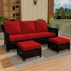 Vista Vibe 3 Pieces Outdoor Patio Conversation Furniture Set - 78" 3-seat Sofa | 2 Wicker Ottomans, Deep Seat Loveseat with Removable Cushions, Hand-Woven PE Rattan Couch, Lawn (Brown/Red)