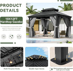 Aoxun 10' X 12' Hardtop Gazebo with Drainage System, Aluminum Outdoor Gazebo with Galvanized Steel Double Roof, Patio Permanent Metal Pavilion and LED Waterproof Hanging Lights, Easy Assemble