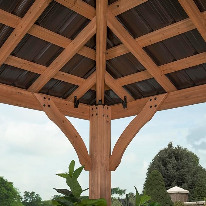 Backyard Discovery Barrington 12' x 12' Cedar Wood Outdoor Gazebo Pavilion with Hardtop Galvanized Steel Hip Roof, Snow Support, Wind Resistance, PowerPort, Shade for Garden, Patio, Deck, Entertaining