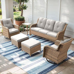 Outdoor Wicker Patio Furniture Set - 6 Piece Rattan Patio Conversation Set with 2 Rocking Swivel Chairs,2 Ottomans,1 Sofa and 1 Side Table for Porch Deck Backyard Garden(Yellow/Beige)