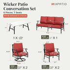 Patio Furniture Set 6 pcs, Outdoor Patio Furniture, 1 X 3-Seat Sofa, 2 X Single Chairs, 2 X Swivel Chairs, 1 X Coffee Table and 5.75" Extra Thick Cushion, Patio Conversation Set,Red