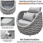 Patio Deck Accent Chair: Large Woven Rope Chair Cushioned - Aluminum Modern Single Lounge Armchair Assembled - All Weather Outdoor Seating for 400lbs Lanai Balcony Porch Yard Garden Hotel, Gray