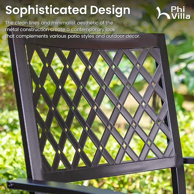 PHI VILLA 5 Pieces Outdoor Round Dining Set for 4, Metal Steel Circle Table with Umbrella Hole & Stacking Wrought Iron Chairs, Modern Furniture Set for Patio, Deck, Backyard, Porch