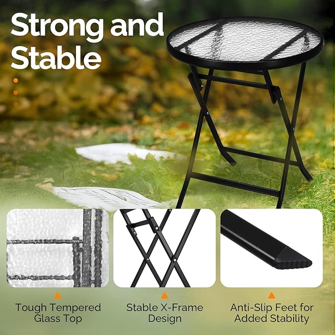 VINGLI Folding Glass Outdoor Side Table, 23.6 Inches Small Foldable Patio Bistro Table with Tempered Glass Table Top for Lawn & Garden, Balcony, Porch and Pool, Round