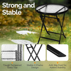 VINGLI Folding Glass Outdoor Side Table, 23.6 Inches Small Foldable Patio Bistro Table with Tempered Glass Table Top for Lawn & Garden, Balcony, Porch and Pool, Round