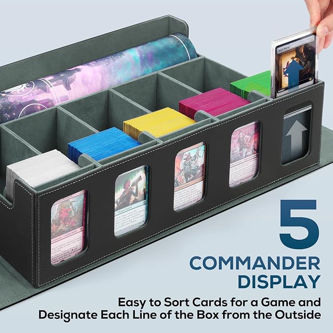 5-Row MTG Deck Box with Commander Display, Trading Card Storage Box for MTG TCG Sports Card，Card Deck Box with 1 Sieve box, 5 Toploaders, 5 Stoppers, 36 Colorful Dividers (Black & Grey)