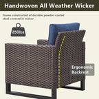 Rilyson Wicker Outdoor Patio Furniture Set - 6 Piece Patio Conversation Set with 2 Armrest Chairs,2 Rattan Ottoman,1 Couch and 1 Metal Side Table for Outside Porch Deck Backyard(Brown/Blue)