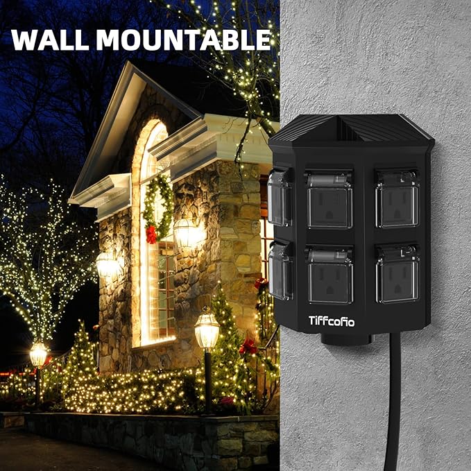 Outdoor Power Strip Weatherproof, 100 FT Extension Cord with Power Stake, 6 Grounded Outlets for Outdoor Lights, 15A/1875W, ETL Listed