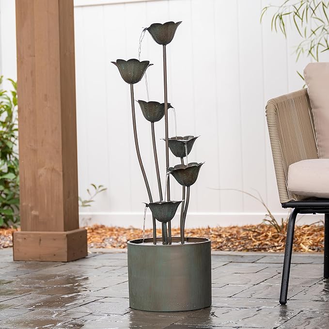 XBrand Metal Sculptural Multi-Tiered Flower Water Fountain, Bronze, 46" Tall
