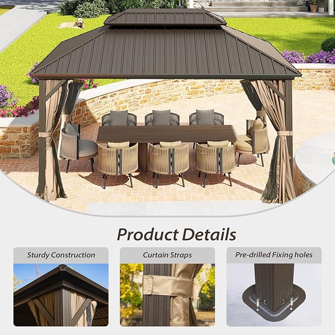 Domi 10'x12' Hardtop Gazebo Canopy,Outdoor Metal Gazebo with Galvanized Steel Double Roof,Curtain and Netting,Permanent Pavilion for Patio Deck,Backyard