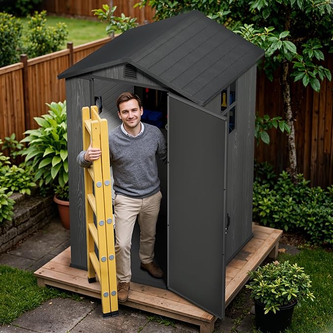 Devoko 4x4 FT Outdoor Shed, Compact & Secure Plastic Resin Storage with Lockable Door, Features Built-in Floor & Window for All-Weather Garden, Patio, and Poolside Organization, Deep Gray
