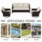 3 Piece Wicker Patio Conversation Set, All-Weather Use Outdoor Wicker Sofa with 2 PE Rattan Swivel Chair, Removable Water-Resistant Cushion, Ideal for Porch, Backyard, Balcony, Poolside, Beige