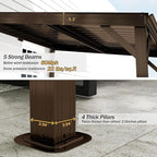 Domi 8'x10' Wall Mounted Hardtop Gazebo, Connectable Lean to Pergola with Gutters & Galvanized Steel Roof, 60MPH Wind Resistance, Outdoor Heavy Duty Metal Awning for Patio, Deck, Backyard - Brown