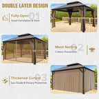 COOS BAY 12x14 Hardtop Gazebo with Aluminum Frame, Galvanized Steel Double Roof Outdoor Pavilion with Netting and Curtains, Dark Brown/Tan