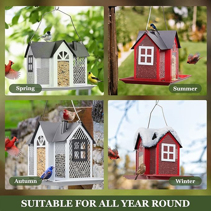 Kingsyard Bird Feeder House for Outside, Metal Mesh Wild Bird Feeder with Triple Feeders for Finch Cardinal Chickadee, Large Capacity, Weatherproof and Durable, Red