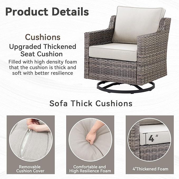 Patio Furniture Set, 6 Pieces Outdoor Wicker Rattan Sofa Couch with Swivel Rocking Chair,Side Table and Comfy Cushions, All Weather Patio Conversation Sets, Suit for Porch Deck